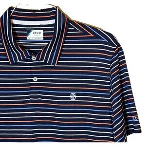 Golf Polo Mens IZOD Blue Orange Striped Short Sleeve Performance Stretch Size L